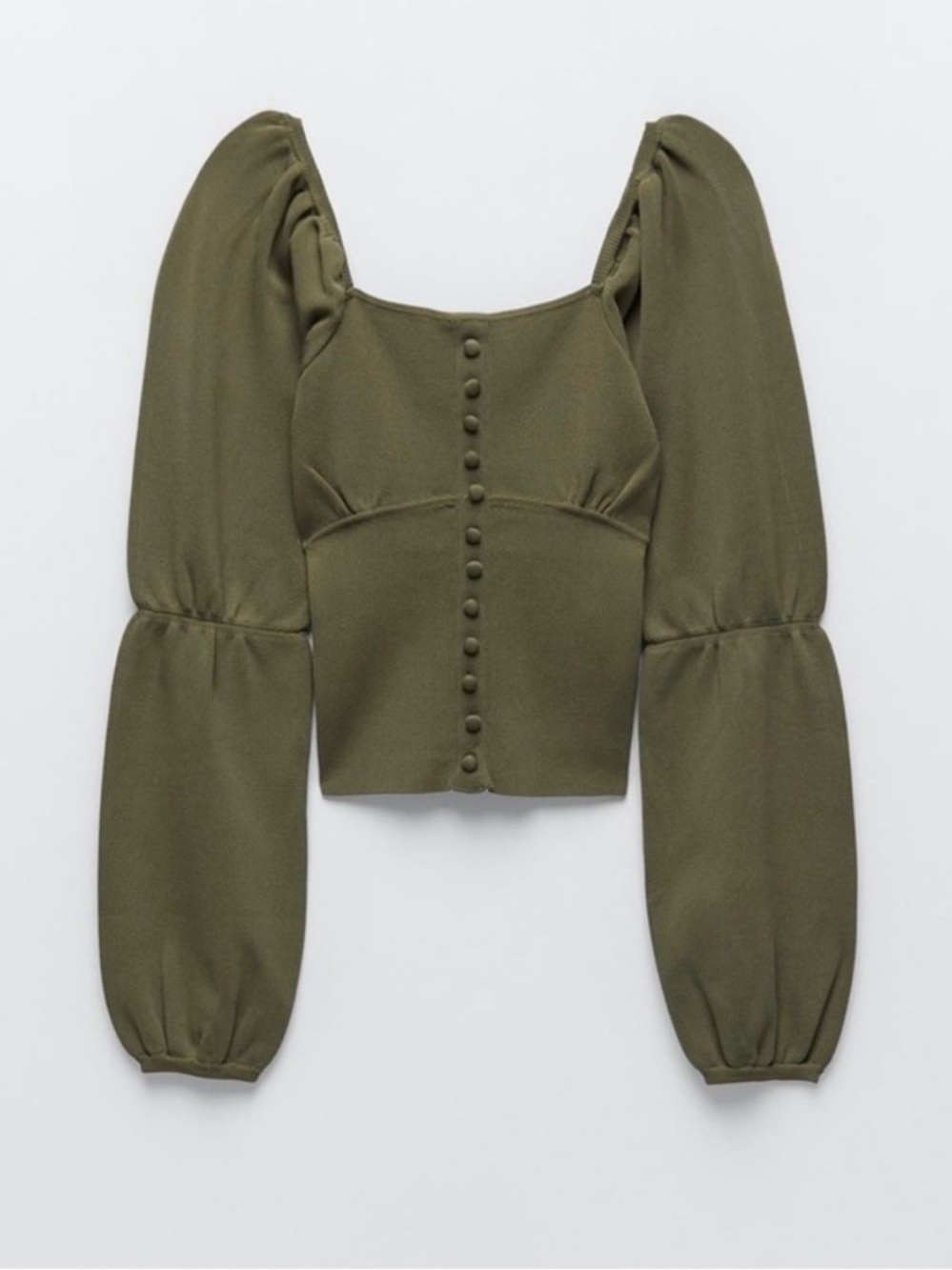 ZARA - Olive Green Knit Square Neck Puff Long Sleeve Top with Buttons